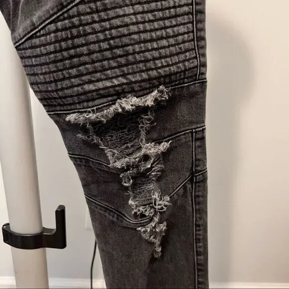 Gap + Stampd + GQ Size 33x30 Mens Black Moto Distressed Black Denim Jeans Button - Picture 6 of 9